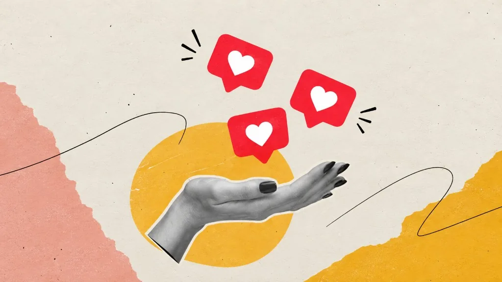 Hand reaching up with red heart icons